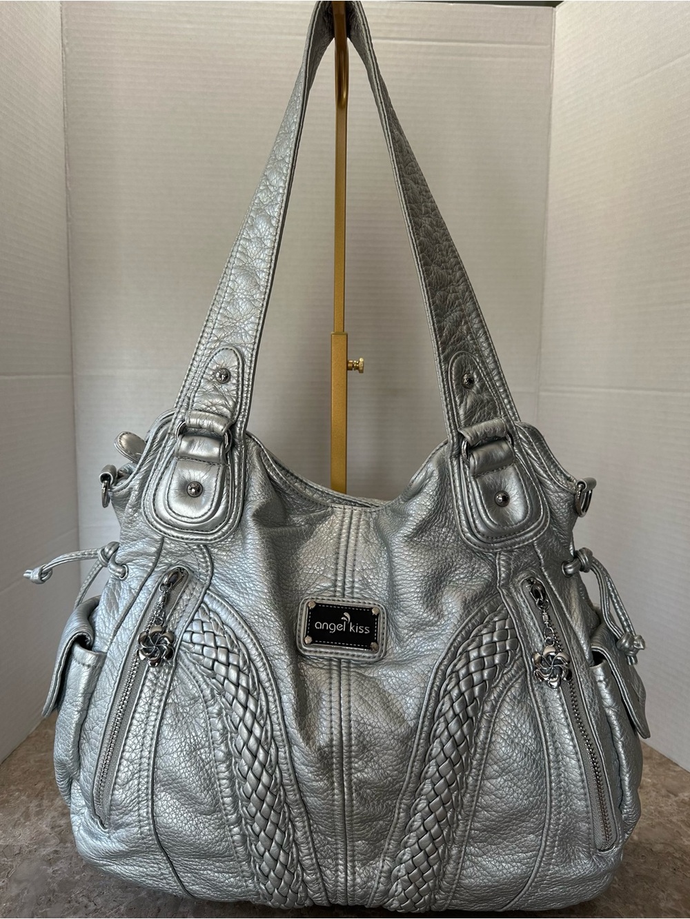 Metallic Silver Grunge Hobo Bag Y2K Moto Mcbling Utility Shoulder Metallic Purse